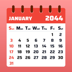 2044 January Calendar Layout. Vector Illustration of a January 2044 Planner. January 2044 Template. Flat Design