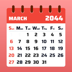 2044 March Calendar Layout. Vector Illustration of a March 2044 Planner. March 2044 Template. Flat Design