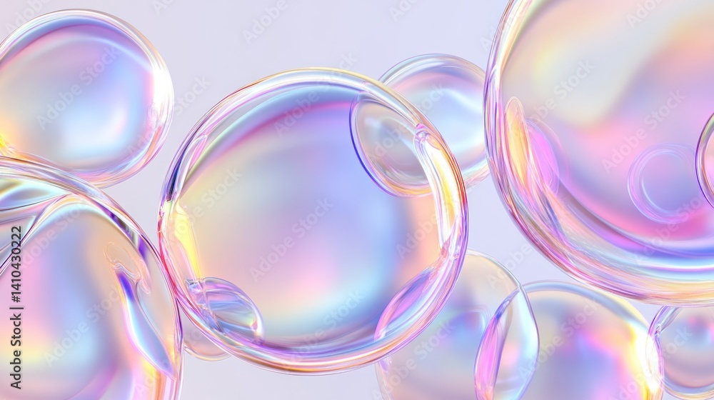 Poster multicolored iridescent spheres float in a soft pastel background.
