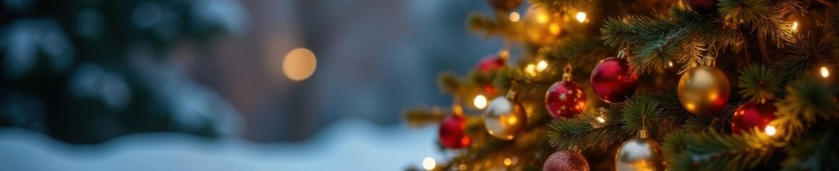Wooden Christmas tree decorated with lights and ornaments against a warm winter background , christmas tree, holiday, wooden