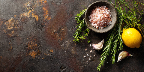 Dark rustic background with pink Himalayan salt, rosemary, thyme, garlic, and lemon, showcasing fresh herbs and spices for culinary use, ideal for food blogs or recipe websites