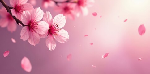 Fototapeta premium Soft pink sakura petals drifting downwards in a dreamy atmosphere , flowers, pale pink hues