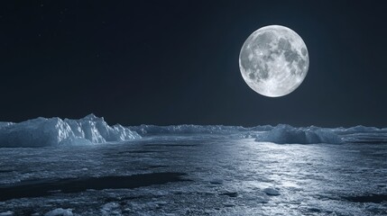 The bright full moon shining over a frozen landscape at night
