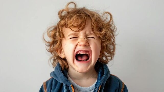 A small capricious child threw a tantrum. Sad unhappy boy cries and screams. Upset guy with negative emotion. Disappointed kid. Upset little children. White background.