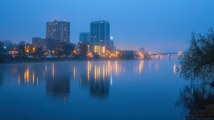 A cityscape reflected across tranquil water during a foggy evening