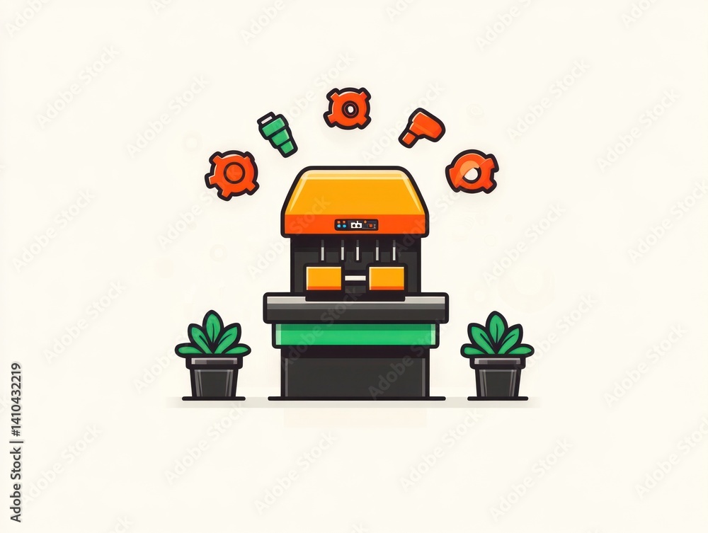 Poster automated machine with tools and plants