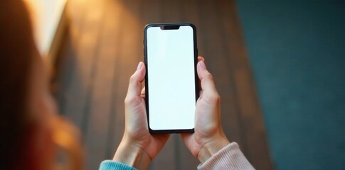 Female hand holds empty mobile device from top view , tech, smartphone, modern