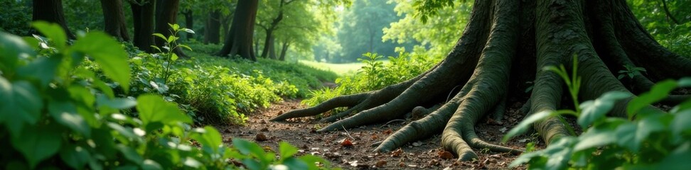 Overgrown vegetation with tangled tree roots in a abandoned yard , foliage, unkempt, wild