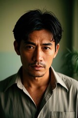 Fototapeta premium arafed man with a serious look on his face and a green plant