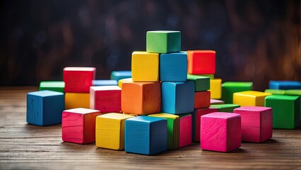 Obraz premium Colorful wooden building blocks arranged in a playful stack on a light wooden surface
