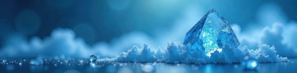 Obraz premium Soft blue mist surrounds a delicate crystal formation, droplets, serene