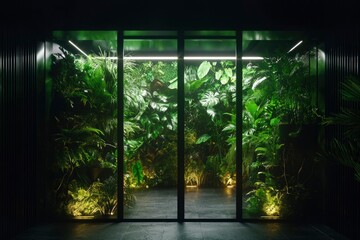 Glass encased garden inside room, illuminated tropical jungle, dark walls, indoor