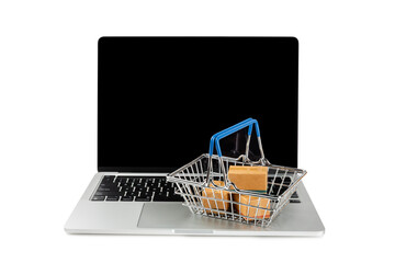 Online shopping concept.Cardboard box and shopping bags in a trolley isolated on white background....