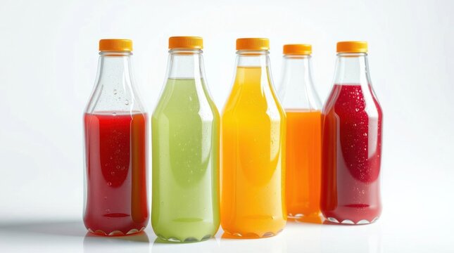 Colorful glass bottles filled with fresh juice, against a white backdrop, showcasing vibrant natural colors. - Powered by Adobe