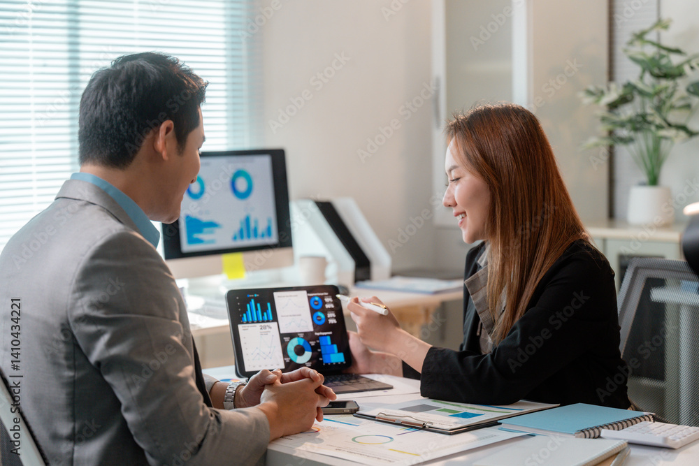 Aufkleber asian businesspeople discussing statistics graphs on tablet and desktop computer in office meeting r