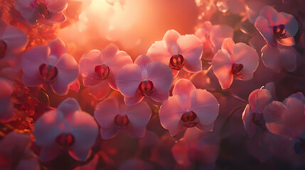 A cluster of radiant pink orchids bathed in warm sunlight. © Muhammad