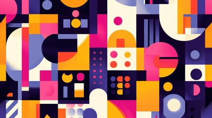 A vibrant abstract composition of geometric shapes and patterns in various colors.