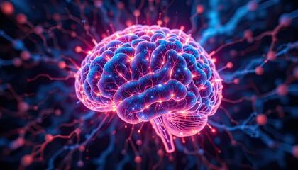 Obraz premium Glowing Human Brain Neural Network 3D Render Abstract Pink Blue