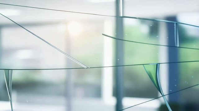 Sunlight streaming through fractured glass pane, revealing progressive stages of structural damage and vulnerability from intense impact