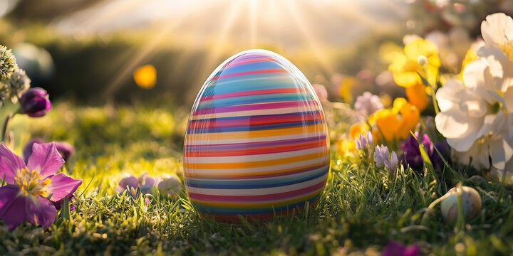 A Colorful Eggs ester floating on the flower field AI-Generated Content