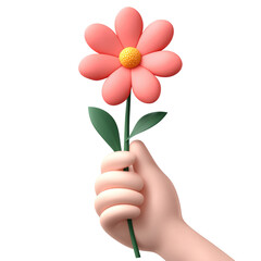 Animated Hand Holding a Cute Pink Flower with Yellow Center Transparent Background.