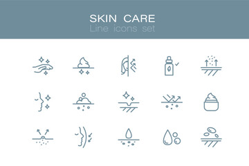 Skin care line icons set. Moisture cream, anti wrinkle serum, ceramide, collagen, retinol compound, sunscreen. Outline signs for skincare products property. Editable Stroke
