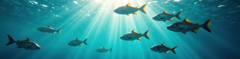 Fototapeta premium Group of fish swimming underwater against bright sunlight, sunlight, school
