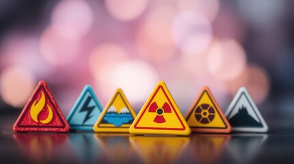 Hazardous warning signs: Triangle symbols representing diverse dangers like fire, radiation, and electrical hazards.