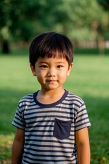 there is a young boy standing in a field with a frisbee