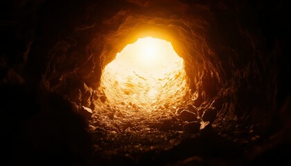 Glowing light at the end of a dark cave passage with dirt ground and rock walls