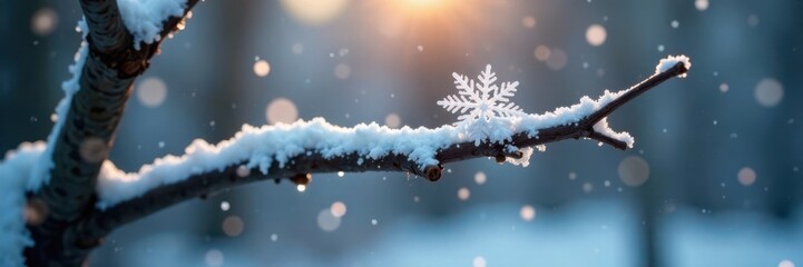 Naklejka premium Snowflake gently falls on a barren tree branch, snowflake, winter