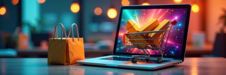 Laptop computer sitting in shopping cart with product boxes and bags , retail, sale, delivery