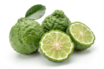 Fototapeta premium Fresh green bergamots isolated on white background. Fresh green bergamots isolated on a white background, showcasing their vibrant appearance and fresh texture