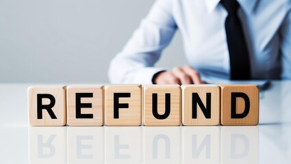 Wooden blocks spelling refund on clean white background representing financial security and business support
