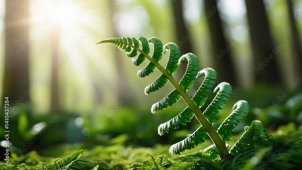 Poster young spiral fern emerging in a vibrant forest setting with soft diffused lighting and tranquil atmo