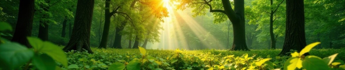 Fototapeta premium Panorama of forest with sunlight filtering through leaves , dawn, forest, landscape