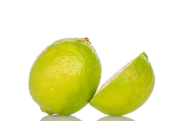 Several juicy limes isolated on white background, close-up.