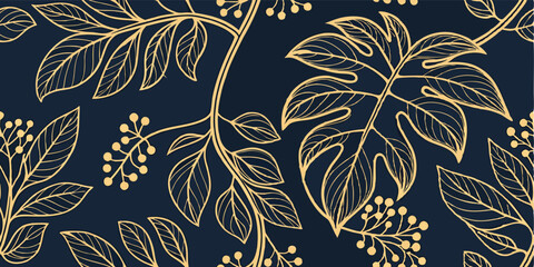 Luxurious botanical pattern, gold leaves on navy background, elegant tropical foliage, art deco style, metallic accents, intricate leaf veins, berries or fruit clusters, seamless repeat design