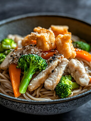 A photo of gray-colored noodles with chicken, carrots, and broccoli in a bowl. The pasta is covered in a gray-colored sauce made from sliced carrots and lots of white specks from the tilted black cam
