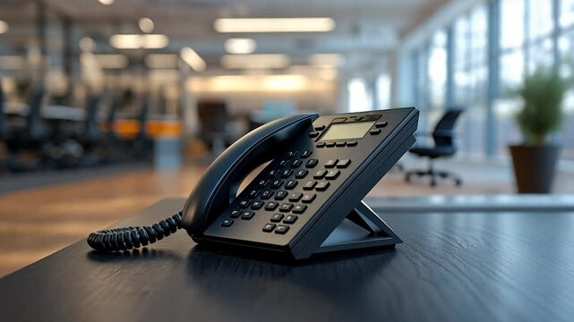 Modern office phone on desk with blurred modern office background
