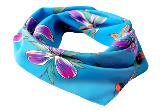 Blue fabric accessory with purple floral design, elegantly styled. Stylish, bright and cheerful