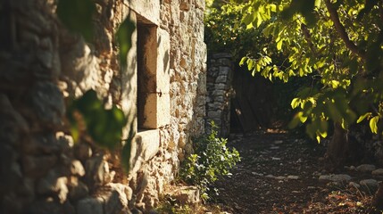 Obraz premium Sunlit stone wall and path surrounded by lush green foliage