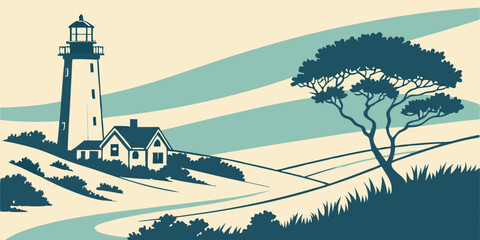 Coastal Lighthouse Landscape Serene Seascape Illustration