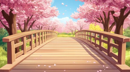"Scenic wooden bridge in park surrounded by cherry trees with anime-style background