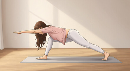 Obraz premium A woman demonstrating a yoga pose. She's wearing athletic wear and in a sunlit room