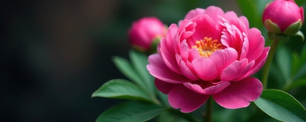 Obraz premium Close-up of peony blooms with green leaves, flower closeup, floral
