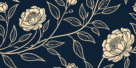 Elegant floral pattern, gold peony flowers, delicate leaves, dark navy background, intricate botanical illustration, art nouveau style, seamless repeat design, luxurious wallpaper motif, metallic gold