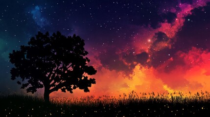 Colorful anime-style nature landscape with vibrant sunset and galactic night sky in the background