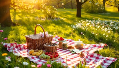 Delightful Spring Picnic Basket in a Sunny Garden Setting: A Perfect Outdoor Feast