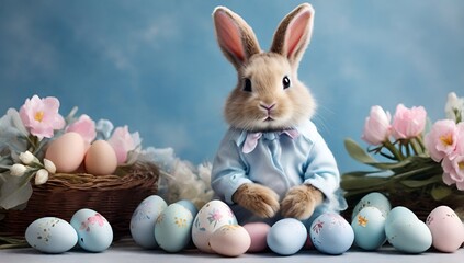 White Bunny Posing with Easter Eggs
